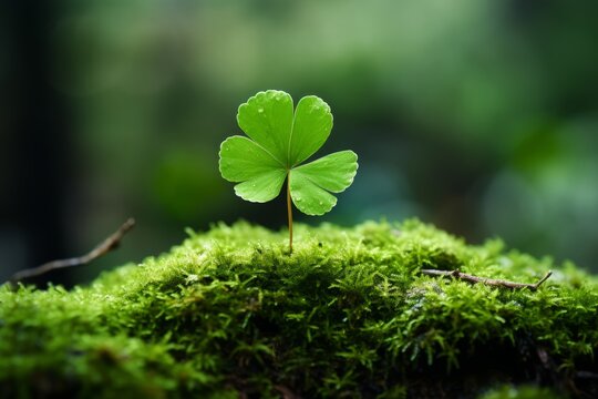 Photo of a three-leaf clover resting on a vibrant mossy landscape created with Generative AI technology