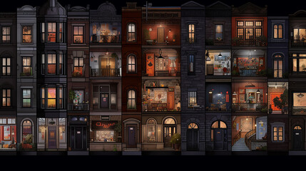 drawing facades of houses with glowing windows texture of the city background many windows