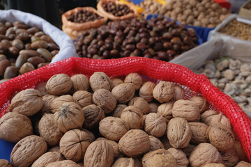 Street local market with dried nuts and fruits in Istanbul