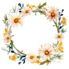 Circle frame of watercolor daisy flowers and leaves on white background.