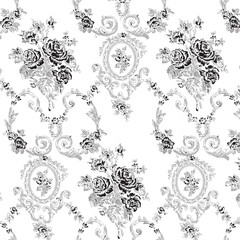 Roses vintage border frame  pattern baroque victorian black and white design - obrazy, fototapety, plakaty