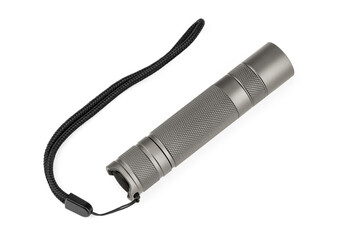 Modern aluminum LED Pocket Flashlight isolated on white background.	
