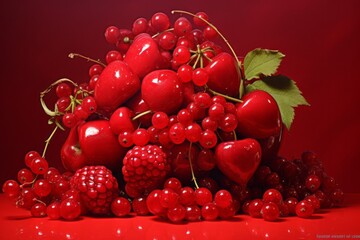 an assortment of fresh ripe harvested raw berries strawberry cranberry cherry and raspberry on a studio seamless red background