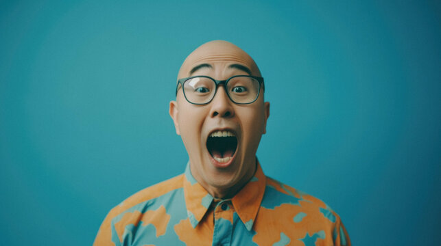 Portrait of surprised asian man in glasses, surprised, shocked.
