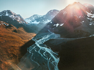 Northern Norway landscape mountains and river aerial view melting glacier water ecology concept...