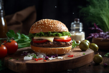Hamburger with meat patty and vegetables and ingredients