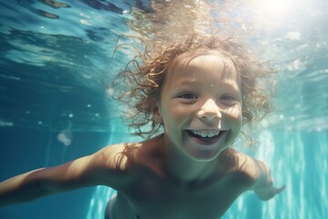 Happy kid swimming underwater and having fun