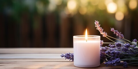 Photo of a white candle and lavender flowers creating a calming and serene atmosphere created with Generative AI technology