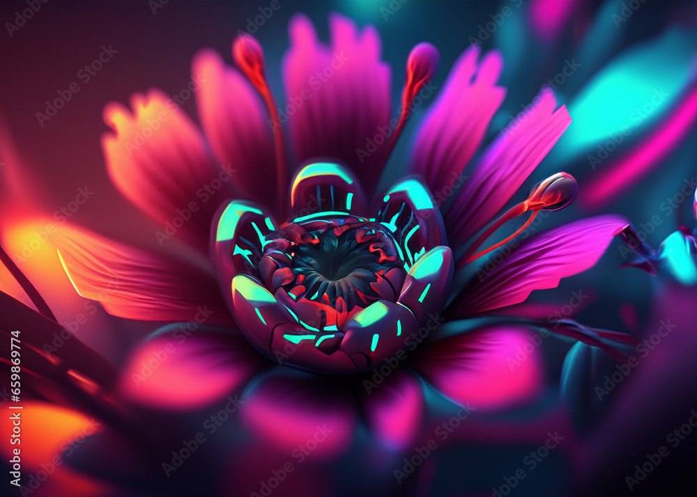 Wall mural abstract futuristic flower background in bright vivid colours created with generative ai technology