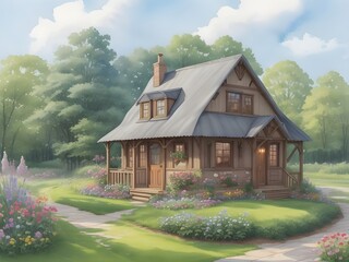 A soothing watercolor illustration depicting a cozy countryside cottage surrounded by the vibrant hues of summer, offering a peaceful retreat in the heart of nature