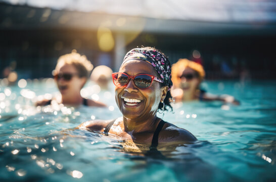 An active senior woman doing group aquagym in an outdoor pool, smiling at the camera. Generative ai