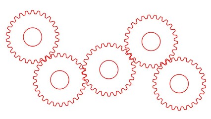 Animated red gears spin. Linear symbol. Looped video. Vector illustration isolated on white background. 