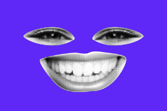 quirky magazine style portrait. Eyes and mouth cut out for collage. Punk composition on bright purple background. Trendy illustration