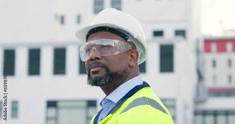 Poster thinking, construction worker and a black man in the city for building of infrastructure. creative, 