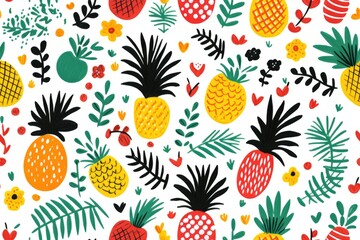 seamless pattern of colorful pineapples with leaves on white background