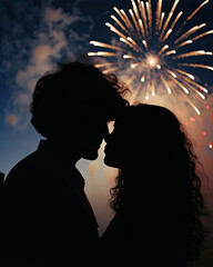 magnificent orange sparks of a fireworks display which illuminates the portrait of a couple kissing, romantic celebration for for a wedding or new year