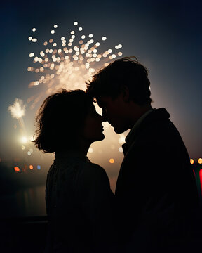 portrait of a couple kissing at night on New Year's Eve or for a wedding, a passionate man and woman romantic valentine kiss 
