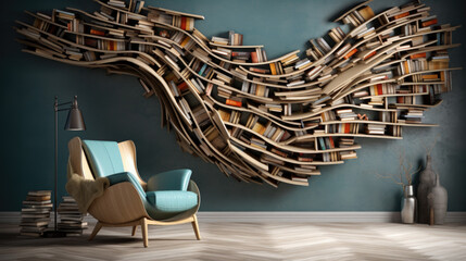 Interior of a room with a chair and an unusual shelf for books. Curved design