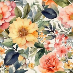 Colorful flowers style seamless pattern. AI Generated.