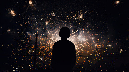 a young child in the middle of a show with explosions of light, a moment of celebration and contemplation, New Year's Day show