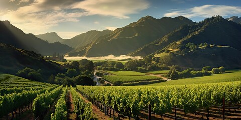 AI Generated. AI Generative. Green fresh outdoor nature farm countryside vineyard landscape background. Relaxing sunny day vibe