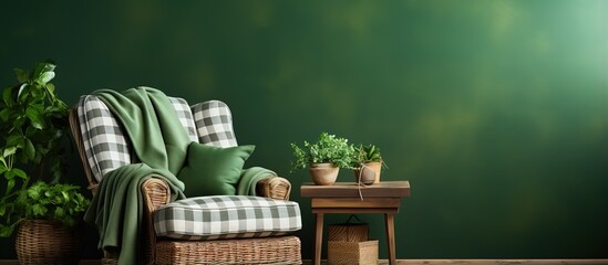Design banner featuring green wall wicker armchair plaid and table