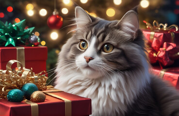 Cute fluffy cat sitting on a packed gift