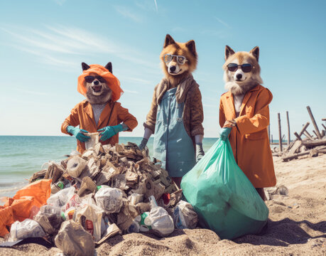 Three Wolf Friends are cleaning the beach for Earth Day. Spring creative concept outdoors with animals that take care of green ecology.