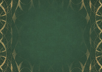 Warm green textured paper with vignette of golden hand-drawn pattern and golden glitter splatter. Copy space. Digital artwork, A4. (pattern: p10-3b)