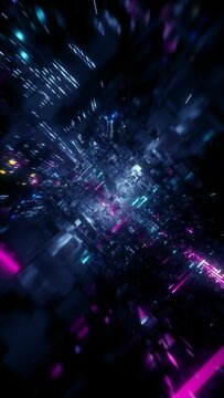 3d vertical video, abstract urban virtual reality tunnel. Futuristic motion graphic. Ultra violet neon light glow. Camera spinning around. Drone fast flying forward. Loop at 2K resolution.