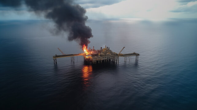 burning oil platform in the sea view from a drone, aerial view