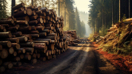 Log stacks along the forest road. Forest pine and spruce trees. Log trunks pile, the logging timber wood industry. - obrazy, fototapety, plakaty