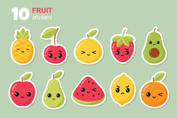 Fruit sticker pack. Cute fruits with different emotions.