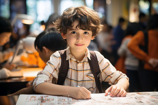 portrait of a schoolboy boy in the classroom looking at the camera sitting at a desk with a backpack