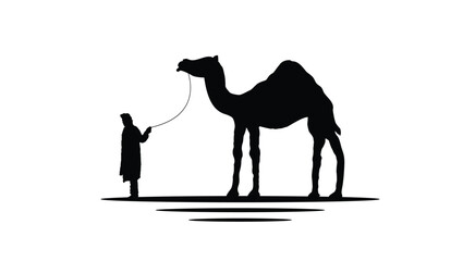 Nomad with Camel Silhouette. Deserts and sand dunes life vector art
