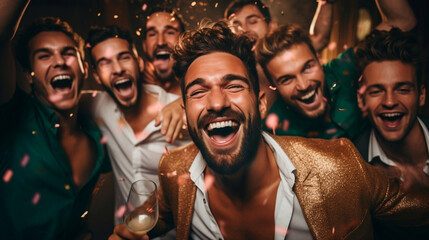 Group of successfull men who are celebrating the new year on a party - obrazy, fototapety, plakaty