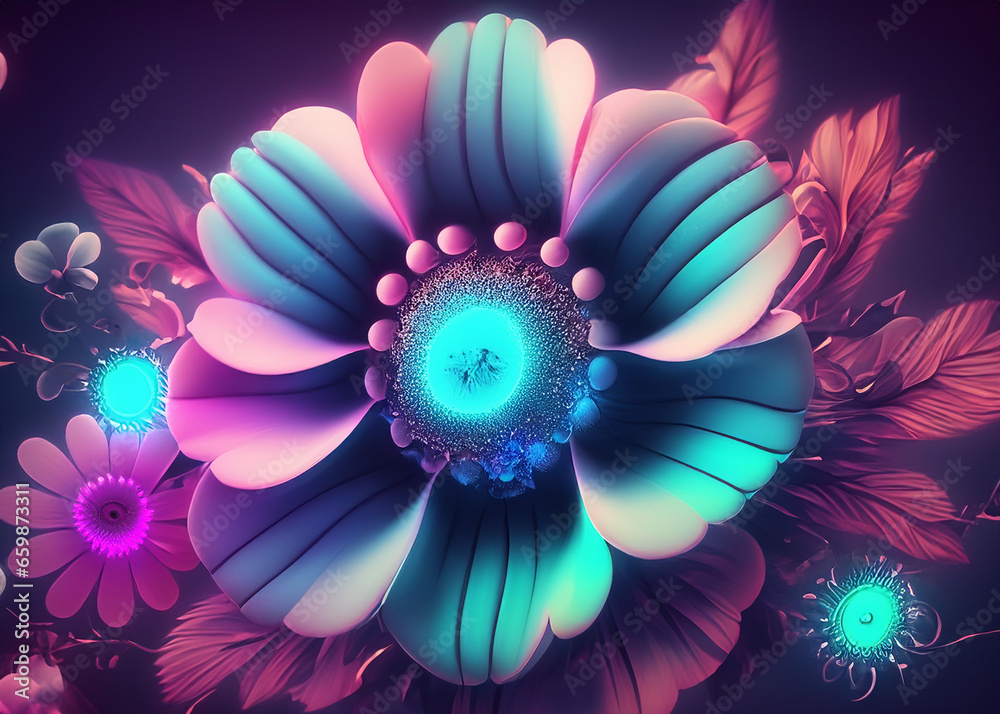 Wall mural abstract futuristic flower background in bright vivid colours created with generative ai technology