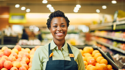 Smiling african american female supermarket fruit section worker looking at the camera.
 - obrazy, fototapety, plakaty