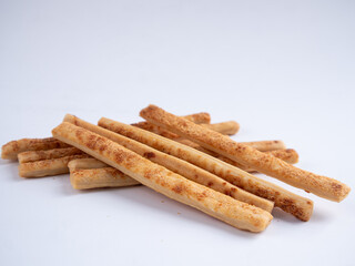 Cheese Sprinkle Stick Cookies are neatly presented and isolated against a white background.