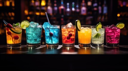 tantalizing array of cocktails, each with its distinct hue, displayed on a dark bar counter