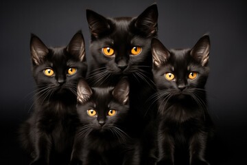 Beautiful black cats with yellow eyes and fluffy fur sit on a black background.