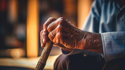 The hand of an elderly man gripping a wooden walking stick