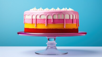 vibrant rainbow cake stands out against a contrasting color background