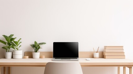 A minimalist office desk bathed in gentle natural light, featuring a laptop.