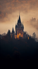 vertical frame, view of the ancient European medieval castle of the princess from the fairy tale in the mountains in the forest and fog landscape