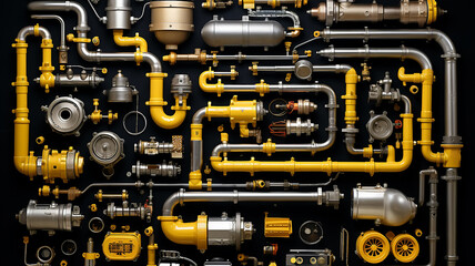 isolated on a white background is a wall with pipes, a water supply system, a complex supply system, a gas pipeline, a fuel pipeline, valves and switches - obrazy, fototapety, plakaty