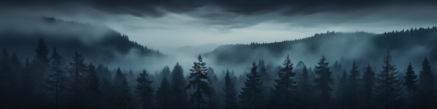 Fototapeta a long narrow panorama of a coniferous northern forest in the fog of an autumn day, a landscape of wildlife