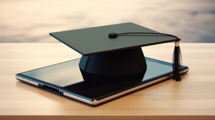A stylish tablet screen with a lone graduation cap icon, symbolizing the connection between technology and education.