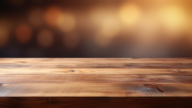 A wooden table stands bare against a gently blurred backdrop.