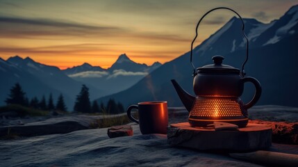At sunset, a campfire and teapot stand against the backdrop of a tent and mountains. - obrazy, fototapety, plakaty